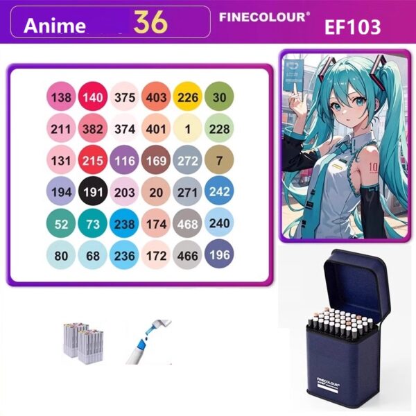 EF103 Alcohol Art Markers 36-Color Anime Pouch Set Brush & Chisel
