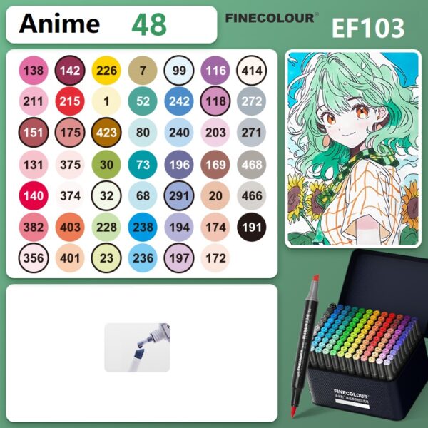 EF103 Alcohol Art Markers 48-Color Anime Pouch Set Brush & Chisel