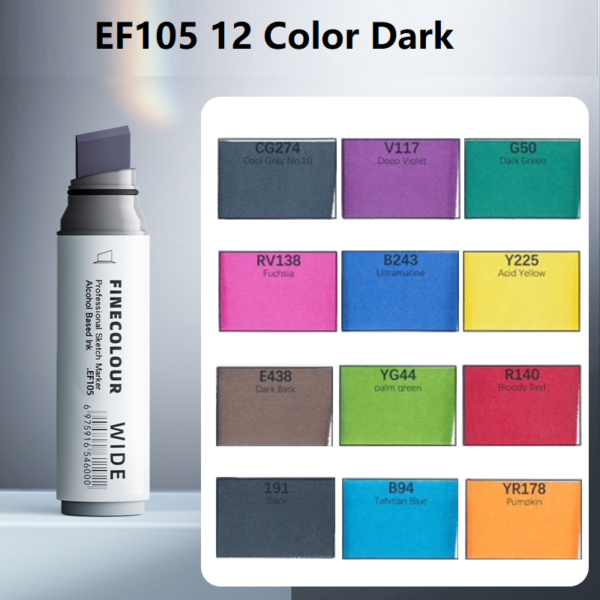 EF105 20mm Ultra-Wide Alcohol Art Markers 12-Piece Dark Tone Set