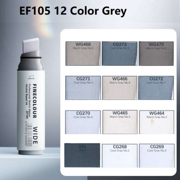 EF105 20mm Ultra-Wide Alcohol Art Markers 12-Piece Gray Tone Set